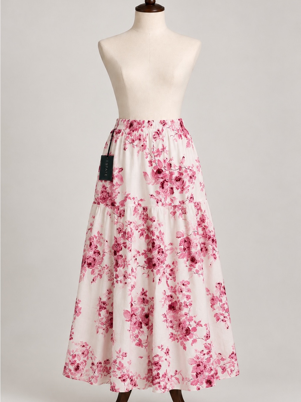 1.STATE Women’s Floral Maxi Skirt Size L Pink White 100% Cotton Elastic Waist